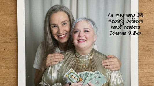 An AI generated image of Johanna Hallin of Northern Lights Tarot and Rebecca of Bex Tarot, posing for a protrait with tarot cards
