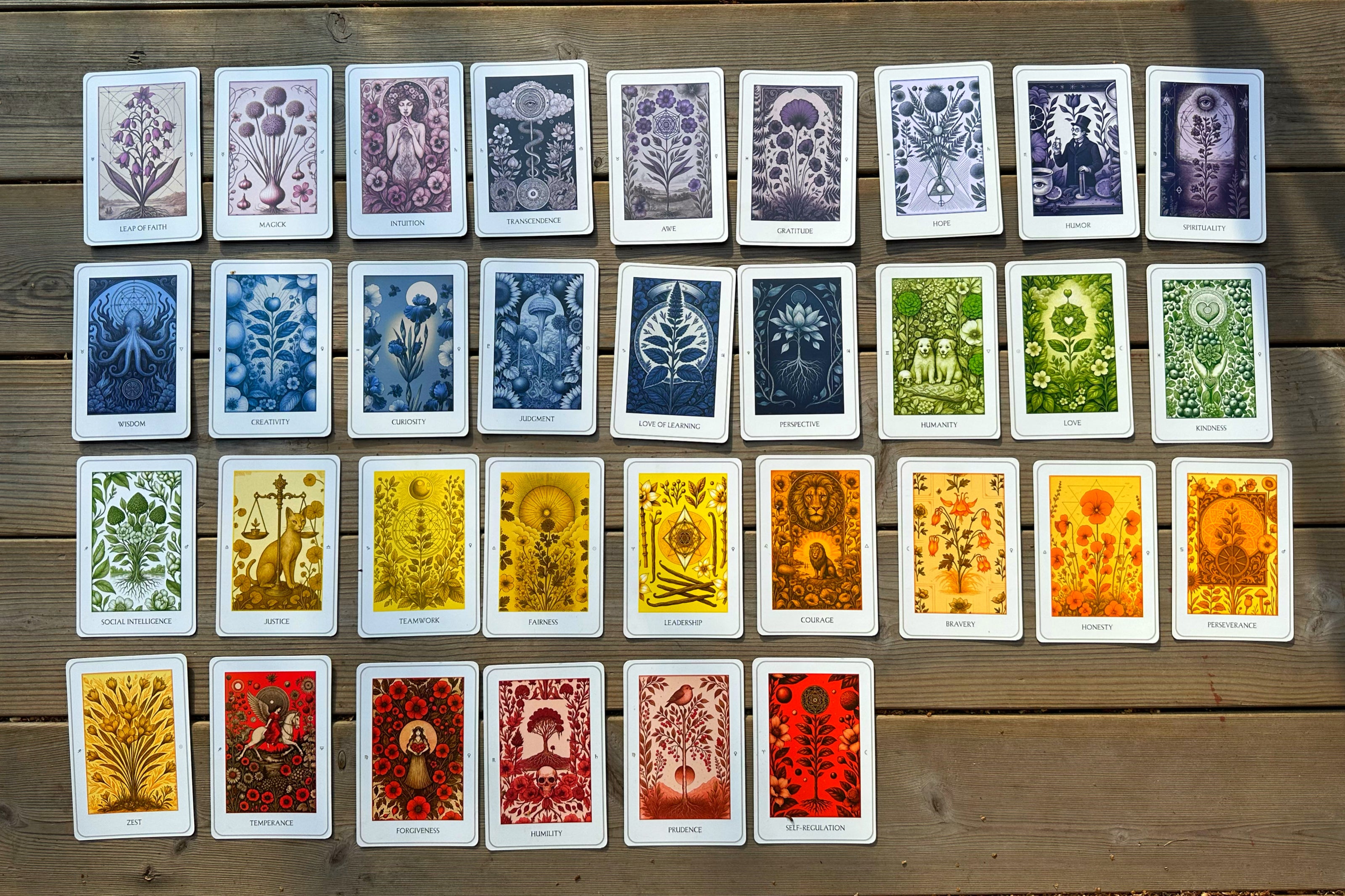 Set of all the cards from the Northern Lights Strengths Deck arranged in a grid on a wooden surface