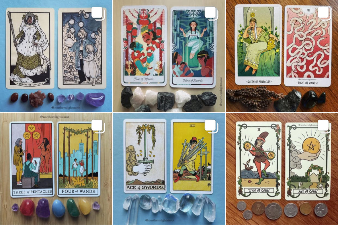 Collection of tarot cards with corresponding cards and items on a wooden surface.